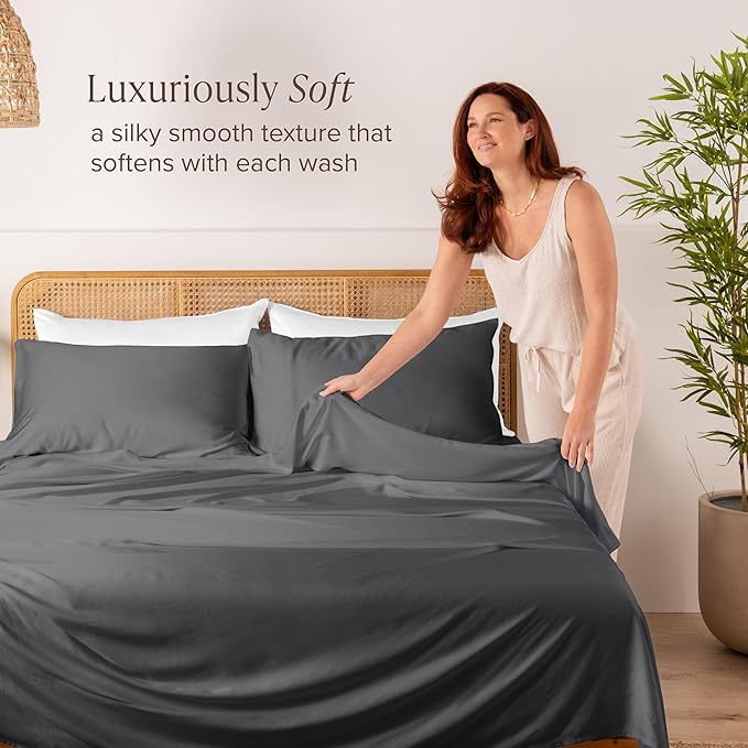Bare Home 100% Rayon Made from Bamboo Luxury Sheet Set - 4 Piece Bedding Set - Deep Pockets - Cooling Sheets - Breathable - Easy Fit - Soft Bedding Sheets & Pillowcases (Split Head Flex King, Grey)