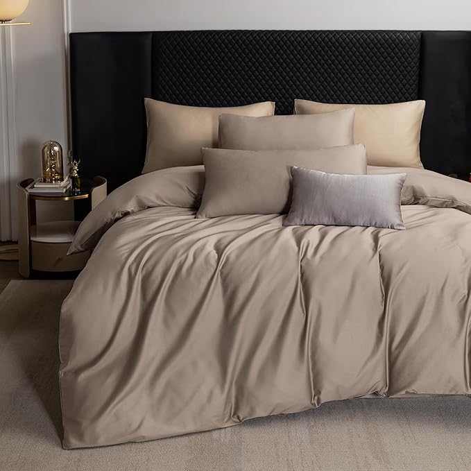 MooMee Duvet Cover Set 100% Extra Long Staple Cotton 600 Thread Count Silky Sateen Smooth Luxury Soft Breathable Durable Hotel Quality Bedding, 3 Pieces (Tannish Gray, Queen 90"x90")