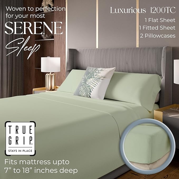 1200 Thread Count Queen Size Sheets Set Pastel Green, Ultra Soft Cotton Rich Easy Care Sateen Bed Sheet, Moisture Wicking Deep Pocket Sheets (1 Flat Sheet 1 Fitted Sheet & 2 Pillowcases)