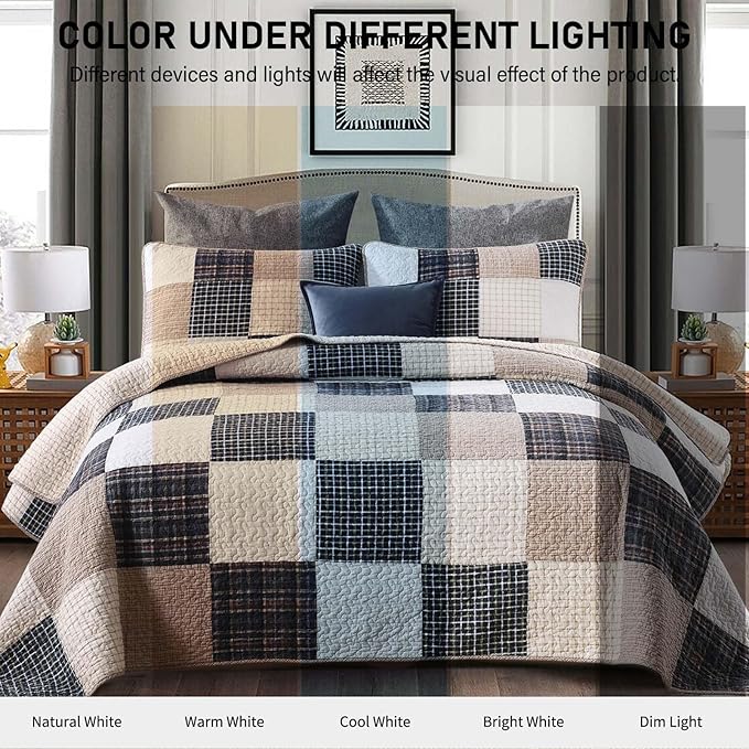 KALOOLA Patchwork King Quilt, 100% Cotton Lightweight King Size Bedspreads 3 Pieces, Tan Brown Beige King Quilt Bedding Set, Farmhouse Rustic Coverlet for All Season