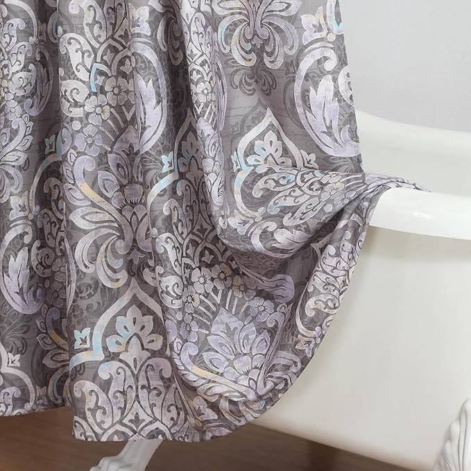 Extra Long Shower Curtain 84 Inch, Gray Bath Curtain with Purple Baroque Medallions, Waterproof Hotel Quality Fabric, 72" W x 84" H