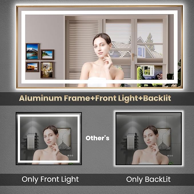 Amorho 36"X30" LED Bathroom Mirror Gold, Metal Framed Mirror with Front Light and Backlit, Stepless Dimmable, Anti-Fog, Shatter-Proof, Memory, 3 Colors