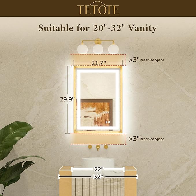 TETOTE 22 x 30 Bathroom LED Mirror Brushed Gunmetal Gray Frame Frontlit & Backlit Vanity Mirror Anti-Fog Stepless Dimmable 3 Colors White/Warm/Natural Wall-Mounted