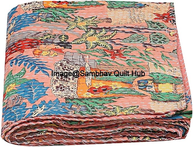 Floral Printed Cotton Quilted Blanket Indian Handmade Bedspread Kantha Work Bohemian Bed Decor Throw Blanket Twin/King/Queen (Twin 60"x90" with Pillow Cover)