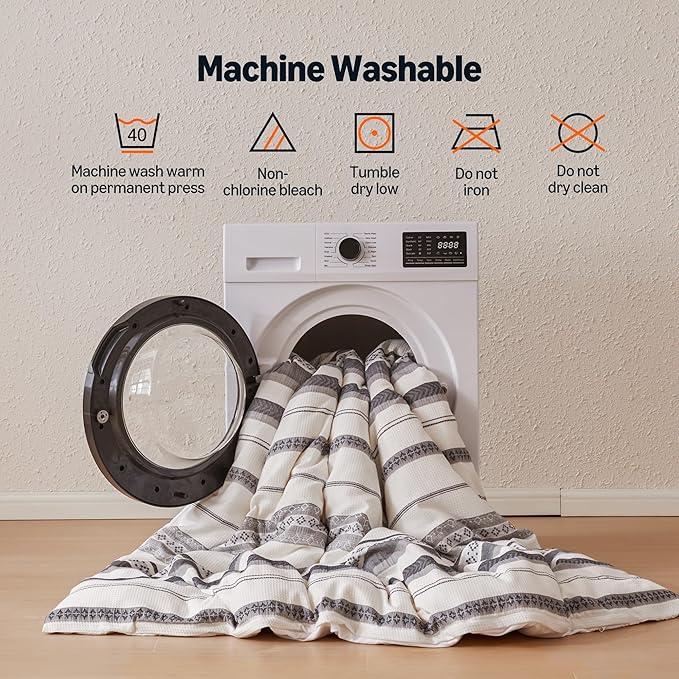 Amazon Basics Waffle Weave Microfiber 3-Piece Duvet Cover Set, Includes 1 Duvet Cover and 2 Pillow Shams, California King, Grey Striped