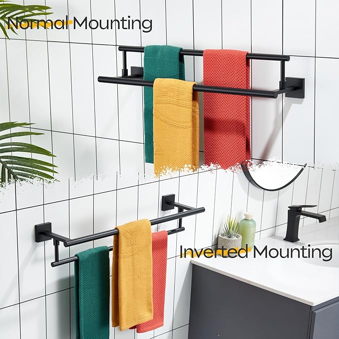 KOKOSIRI Bathroom Towel Bars 24-Inch Double Towel Rails Matte Black Towel Holder for Kitchen Garage Wall Mount Stainless Steel B5009BK-L24