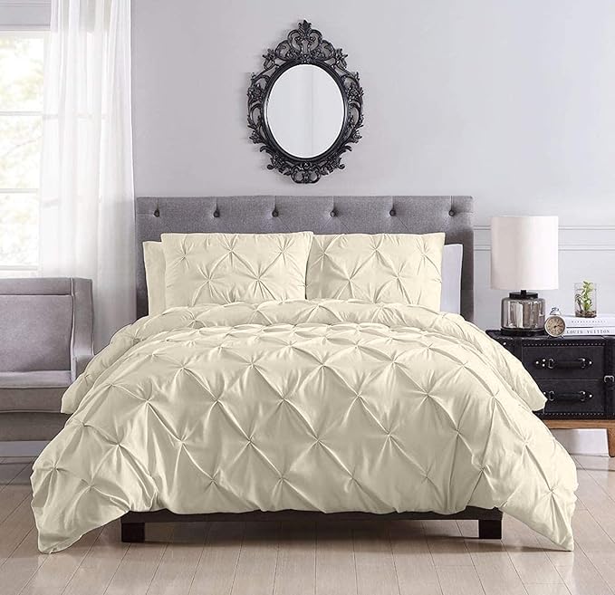 Pinch Pleated Duvet Cover Set 100% Brushed Microfiber 3PC Alaska King Size 120x132 Duvet Cover Set, Decorative Pinch Design Ivory Duvet Cover with Matching Pillow Case