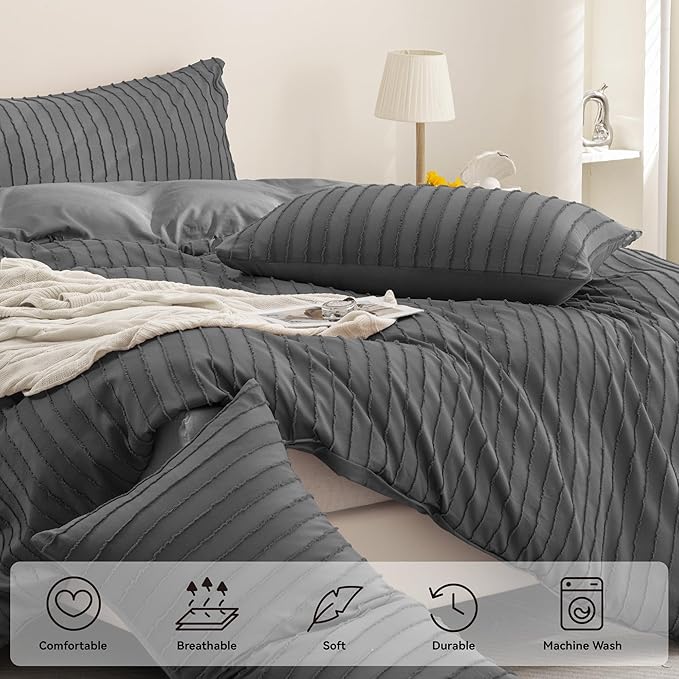 JELLYMONI Duvet Cover Twin Size Dark Grey - 3PCS Boho Striped Duvet Cover Set Polyester Tufted Bohemian Textured Comforter Cover 68×90in with Corner Ties & Zipper and 2 Pillowcases