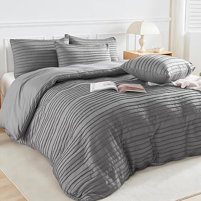 NEXHOME PRO Duvet Cover Full Size, Grey 3 Pieces Boho Tufted Duvet Cover Set, Soft and Lightweight Microfiber Comforter Cover Set for All Season (Grey Full, 80 x 90)-No Comforter