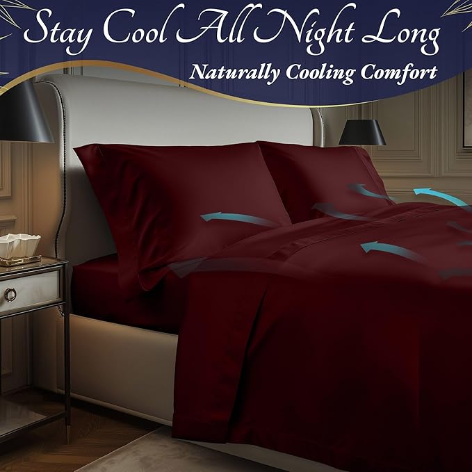 DECOLURE 100% Viscose Derived from Bamboo Sheets King Size 4pcs - Ultra Soft & Luxuriously Cooling, 17" Deep Pocket, Double Stitching, Perfect for Hot Sleepers - King Bed Sheets (Burgundy)