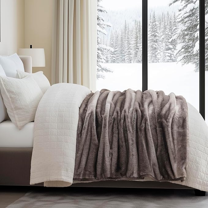 EVERGRACEHOME Ultra Soft Luxury Fluffy Mink Faux Fur Throw Blanket, Thick Warm Fall Winter Blankets for Bed, Couch, Cozy Plush Reversible Blanket for Chair, Sofa (Ombré Hazel Brown, 50"x60")