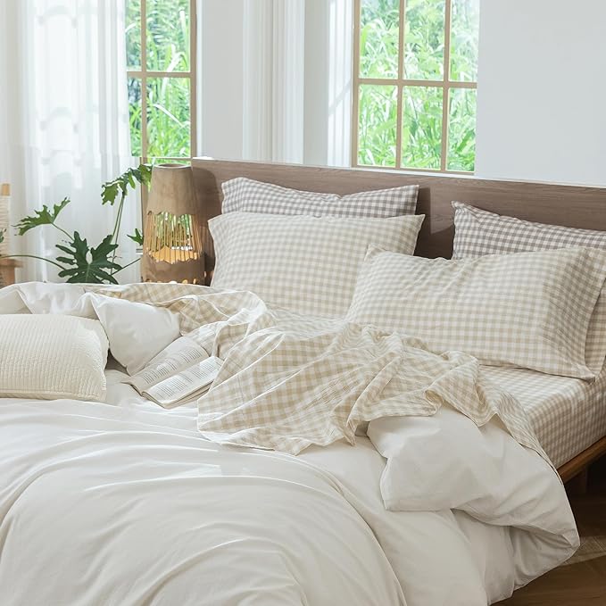 MooMee Gingham Sheet Set 100% Washed Cotton Linen Like Textured Breathable Soft w/Fully Elasticized 16-19" Deep Pocket (Classic Gingham Almond Milk Grey, King)