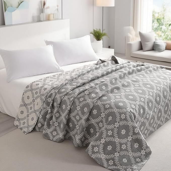 NTBAY 3 Layers Cotton Muslin 68x92 Twin Bed Blanket, Super Soft Breathable Thermal Yarn Dyed Quilt for Adults, Perfect Lightweight Blanket for Couch Sofa Bed All Seasons, Grey Garlands