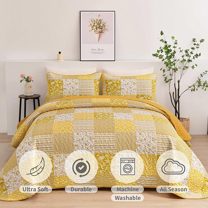 Mybedsoul Yellow Boho Quilt Set Queen Size,3 Pieces Plaid Floral Bedspread Coverlet Set Summer,Patchwork Reversible Bedding Set Queen 90"x96"