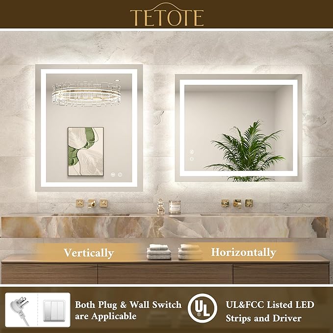 TETOTE 55 x 30 LED Bathroom Mirror with Frontlit and Backlit, Brighter Light up Bathroom Vanity Mirror with Lights, 3-Color Dimmable Lighted Vanity Anti Fog Mirror, Waterproof, Shatterproof