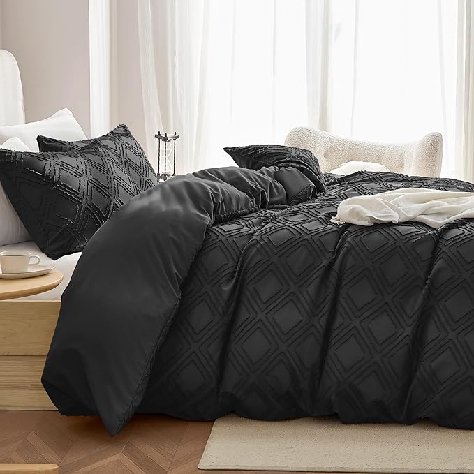 JELLYMONI Duvet Cover Twin Size Black - 3PCS Boho Duvet Cover Set Plaid Polyester Tufted Bohemian Jacquard Knit Textured Comforter Cover 68×90in Rhombic Geometric Pattern Corner Ties & Zipper