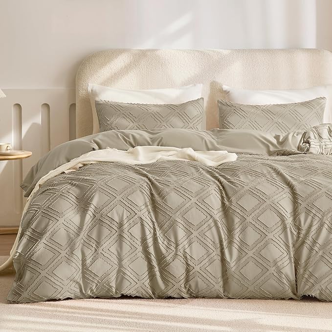 JELLYMONI Duvet Cover Full Size Khaki - 3PCS Boho Duvet Cover Set Plaid Polyester Tufted Bohemian Jacquard Knit Textured Comforter Cover 80×90in Rhombic Geometric Pattern Corner Ties & Zipper