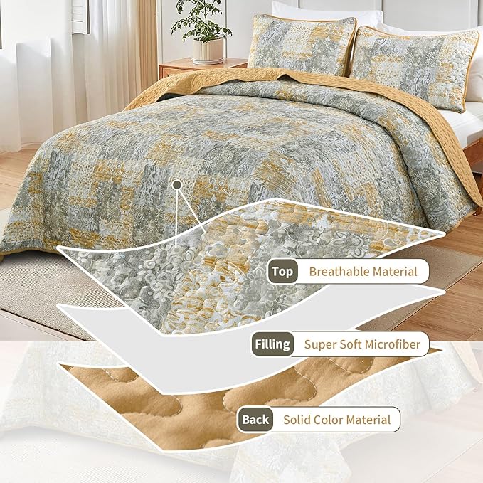 Mybedsoul Yellow Boho Quilt Set Queen Size 3 Pieces Grey and Yellow Plaid Floral Bedding Set Microfiber Lightweight Bohemian Patchwork Bedspread Coverlet Set for All Season 90"x96"