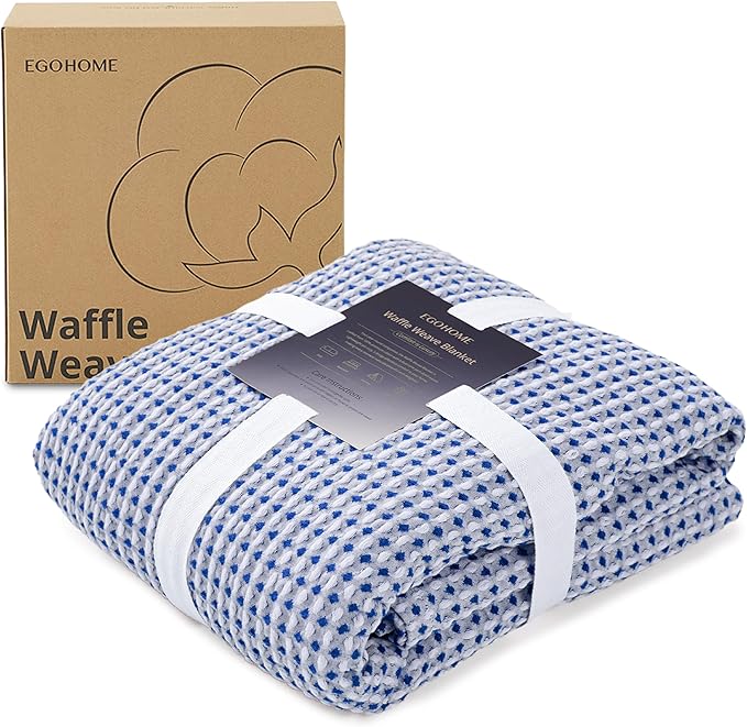 EGOHOME 100% Cotton Queen Size Blankets for Bed,Soft Jacquard Waffle Weave Blanket,Lightweight and Breathable Unique Dual-Tone Texture Cotton Blanket for All Seasons-Navy Blue,90 x 90 Inches