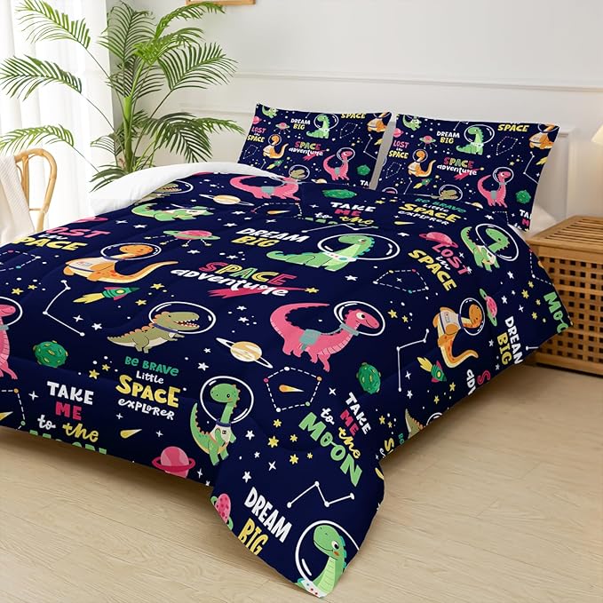 Dinosaurs in Space Full Comforter Set，Full Size Bedding Set for Boys Dinosaurs，with 1 Comforter with 2 Pillow Case
