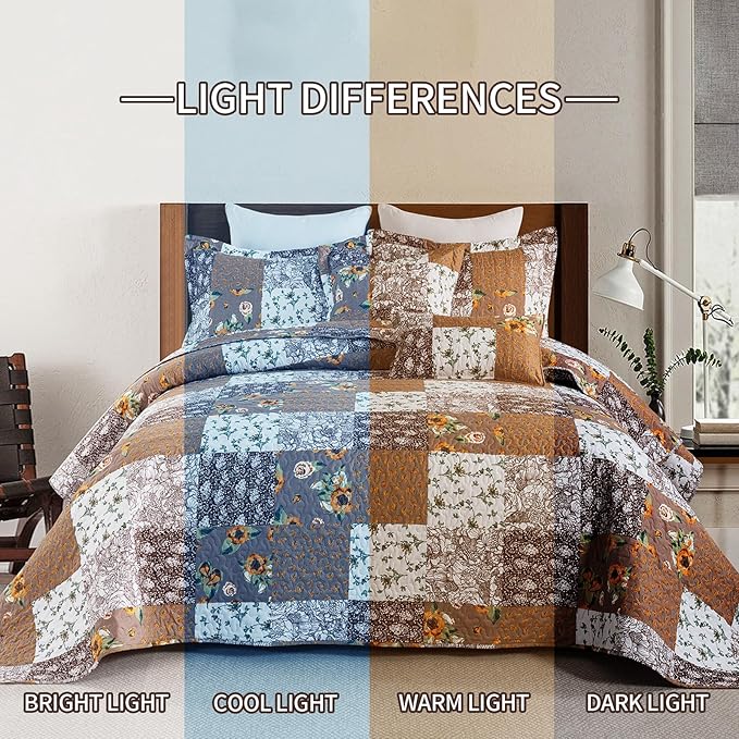 BEDIFANY Cotton Filling Queen Quilt Set - Reversible Farmhouse Bedspreads Queen Size with 2 Pillow Shams - Lightweight Queen Size Quilt Bedding Sets, 3 Pieces (90 x 98 inch)