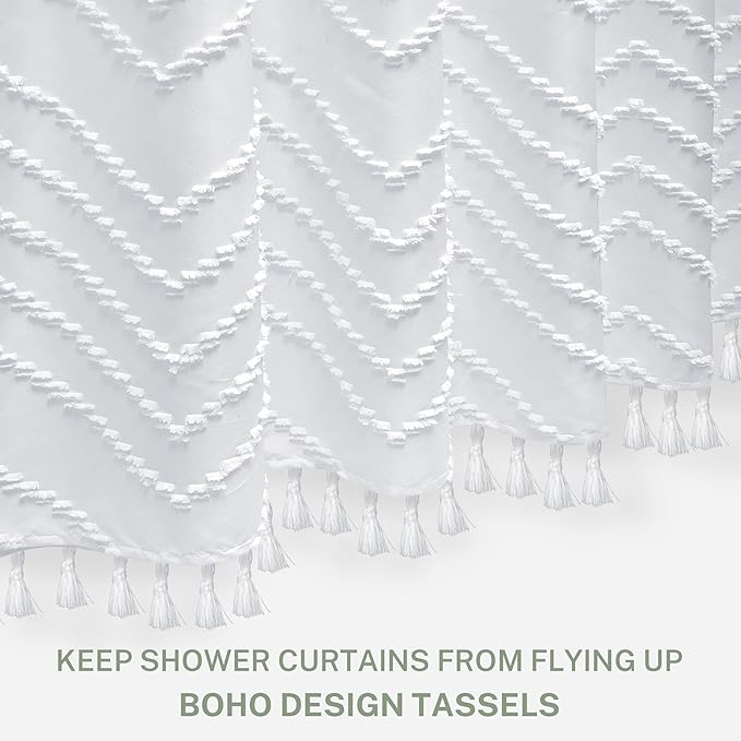 Stall Boho Woven Fabric Shower Curtain - White Tassel, 48 x 72, Modern Farmhouse Textured Tufted Chevron Striped Minimalist Bathroom Curtain
