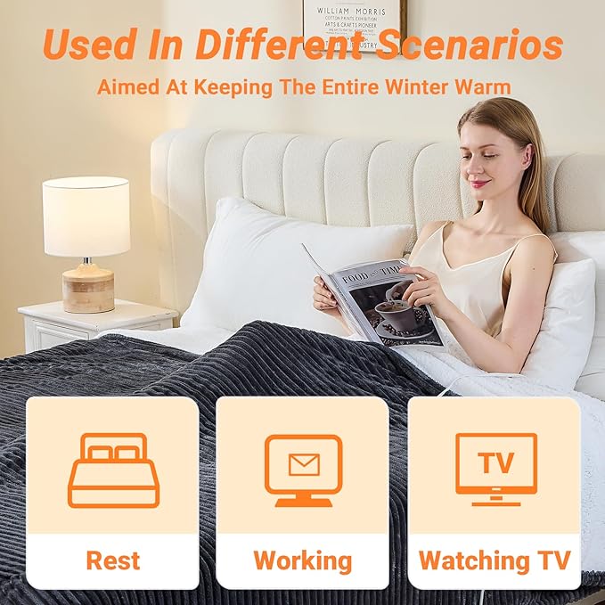 Heated Blanket Electric Full, Soft Flannel Heating Blanket with 8 Hours Auto Off 10 Fast Heating Levels Machine Washable Sherpa Heated Blanket with Overheating Protection