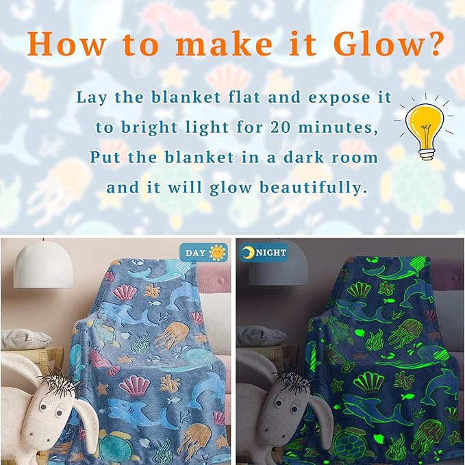 Gifts for Boys Ocean Glow in The Dark Blanket for Girls Kids Turtle Fish Soft Throw Blanket for Couch Bed Birthday Christmas 50" x 60"
