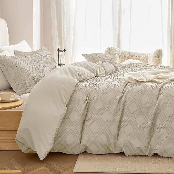 JELLYMONI Duvet Cover Full Size Light Khaki - 3PCS Boho Duvet Cover Set Plaid Polyester Tufted Bohemian Jacquard Knit Textured Comforter Cover 80×90in Rhombic Geometric Pattern Corner Tie & Zipper