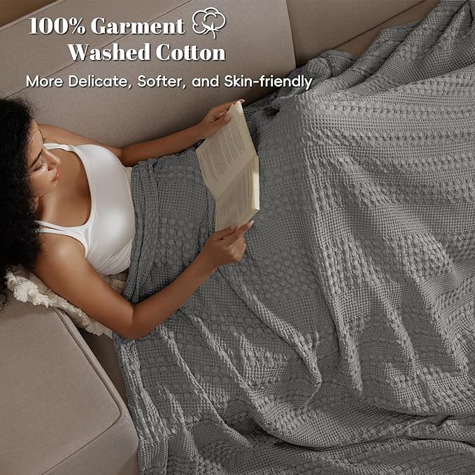 PHF 100% Cotton Waffle Weave Blanket Twin Size for Bed, Soft Lightweight & Breathable, All-Season Comfort, Luxury Aesthetic Woven Bedding for Home Decor, 66"x90", Dark Grey