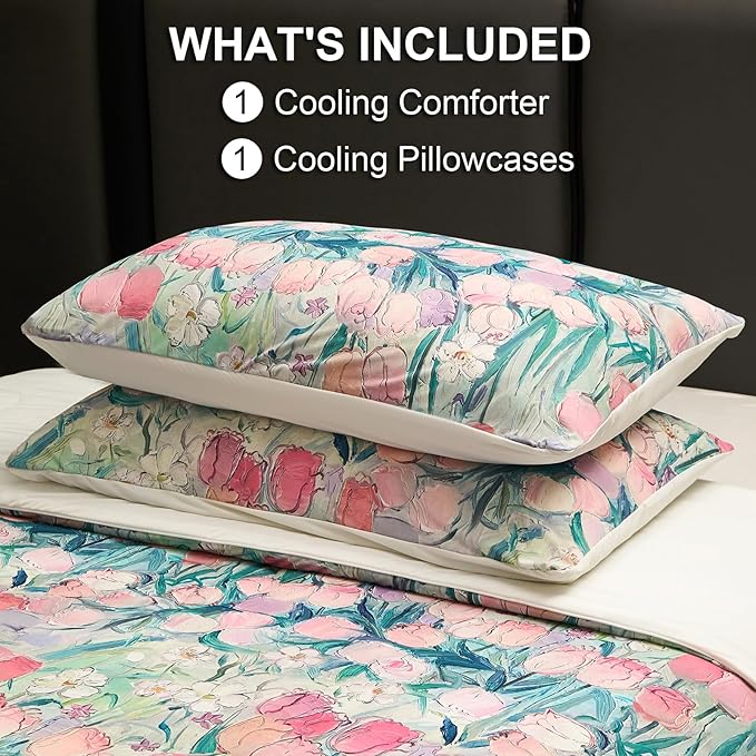 Cyusri Floral Print Cooling Comforter Set 2Pcs Breathable Cool Twin Size Bedding Set with 1 Pillowcase Pink Tulip Pattern Silky Cold Quilt, 68"x90"