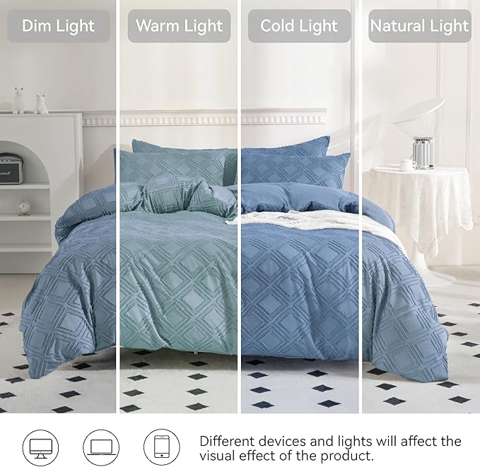 JELLYMONI Duvet Cover Twin Size Blue - 3PCS Boho Duvet Cover Set Plaid Polyester Tufted Bohemian Jacquard Knit Textured Comforter Cover 68×90in Rhombic Geometric Pattern Corner Ties & Zipper