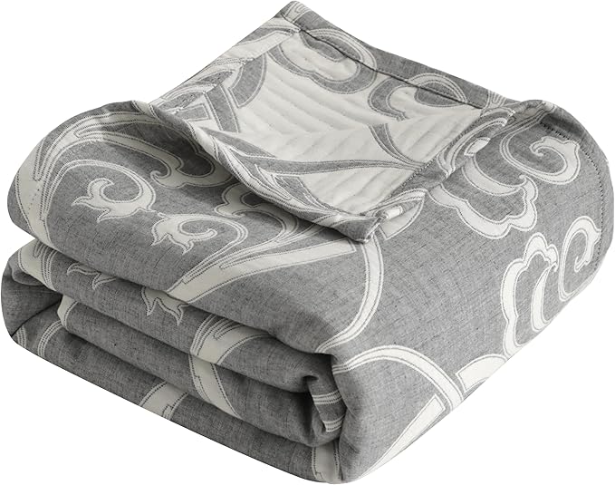 NTBAY 3 Layers Cotton Muslin 88x92 Queen Bed Blanket, Super Soft Breathable Thermal Yarn Dyed Quilt for Adults, Perfect Lightweight Blanket for Couch Sofa Bed All Seasons, Grey Paisley