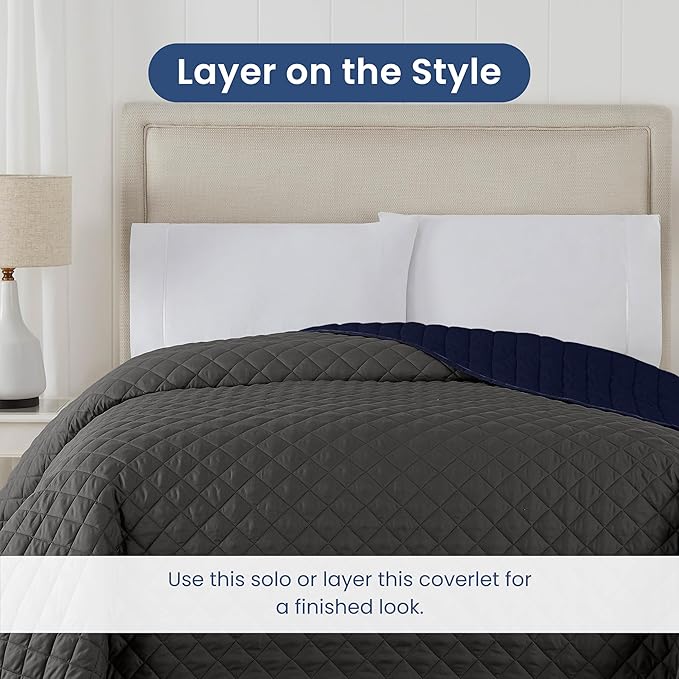Martex Reversible Coverlet – Twin Bed Quilt – Lightweight Twin Size Bedding – Durable Quilts for Bed – Soft - Easy Care Bedding – Graphite/Navy
