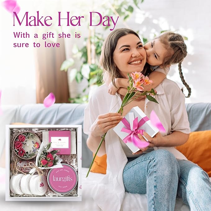 Spa Gift Set for Women – Small Self Care Gift Box with Relaxing Rose & Jasmine Scent – Bath Gift for Birthday, Christmas & Thank You – Elegant Spa Gift for Mom, Wife, Sister or Friend