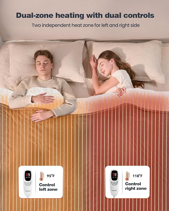 Heated Electric Blanket King- Super Soft Heating Blanket, Dual Control & 9 Heat Settings, 10 Hours Auto Off, Soft Flannel to Sherpa, Fast Heating Electric Throw, Machine Washable, 90 x 100''- Grey