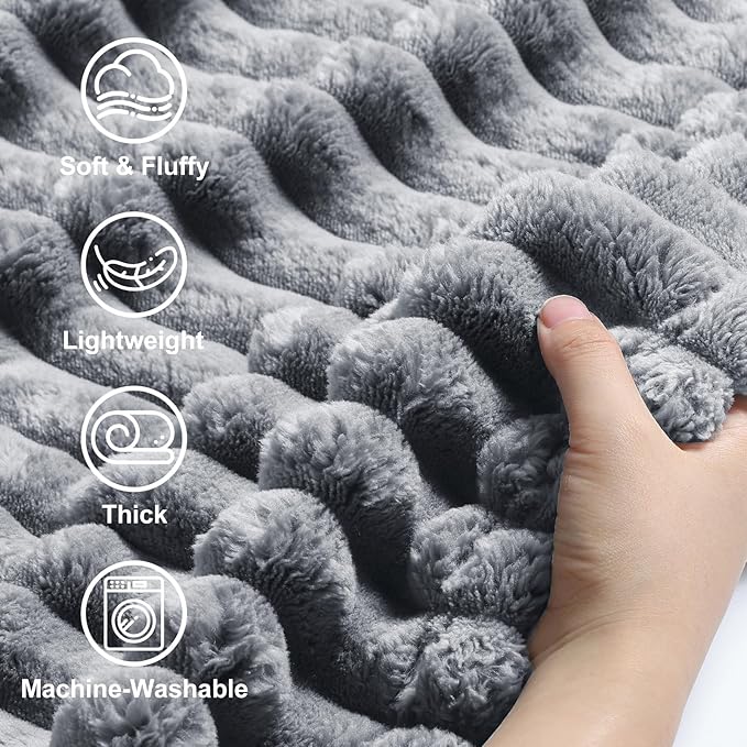 decorUhome Christmas Soft Fleece Grey Blanket Queen Size for Bed, Cozy Fluffy Plush Flannel Large Striped Throws for Couch Sofa, Lightweight Decorative Fuzzy Blanket for Woman, 90x90 Inches