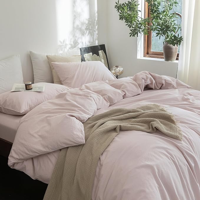 FOSSA Duvet Cover Set 100% Washed Cotton Linen Feel Super Soft Breathable Cozy 3 Pieces Bedding Sets Solid Greyish Pink Super King Plus