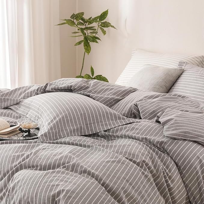 Stripe Duvet Cover Super King Size 108inch x 98inch, 100% Washed Cotton Linen Feel Duvet Cover with Zipper Closure and 2 Pillowcases, Color of Grey-White Stripe
