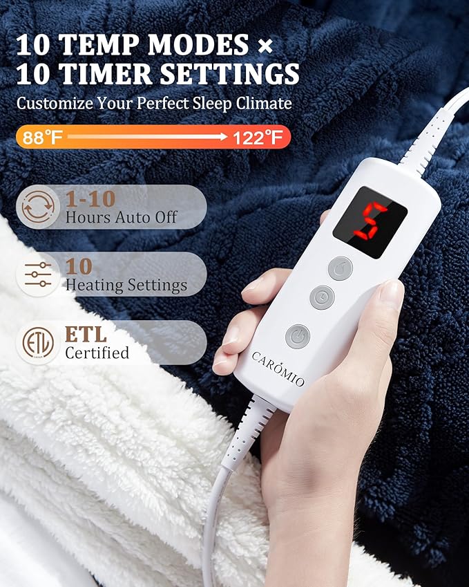 CAROMIO Heated Throw Blanket - Thick Tufted Sherpa Electric Blanket Throw with 10 Heating Levels and 10 Time Settings, ETL Certified Machine Washable Fast Heating Blanket Throw 50"×60", Navy Blue