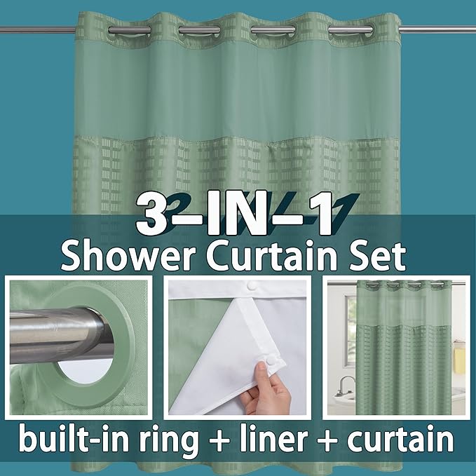 Conbo Mio Extra Long No Hook Sage Green Shower Curtain with Snap in Liner Set, Hotel Luxury Shower Curtains for Bathroom with See Through Top Window, Waterproof, Washable 71W x 84H