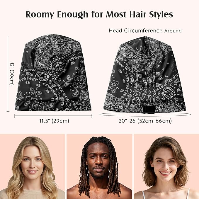 YFONG Print Pure Silk Lined Beanies for Women & Men, 22 MM Mulberry Silk Bonnet for Sleeping, Chemo Headwear, Adjustable Stay on Slouchy Hat Cap for Curly Long Hair & Braids, Black