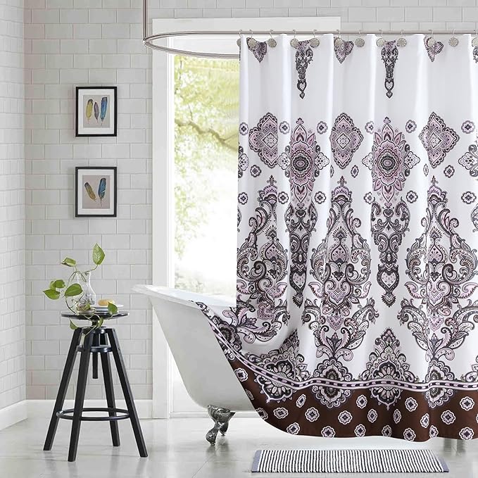 Extra Long Shower Curtain, White Baroque Bath Curtain with Brown & Pink Paisley Medallion Print, Waterproof Luxury Fabric, 72" W x 84" H