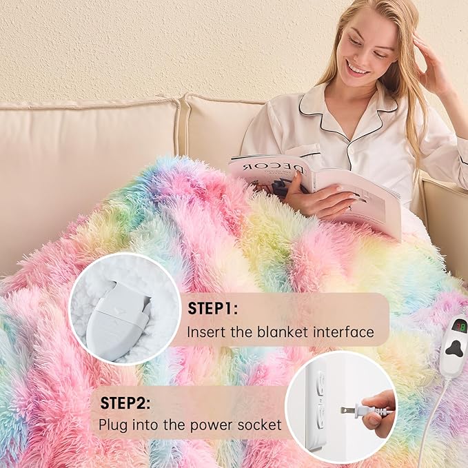 Heated Electric Blanket Throw,Warm Winter Birthday Gifts for Women Her Grandma-Faux Fur with Soft Sherpa,10 Heat Settings,5 Time Settings with Fast Heating, 50x60, Rainbow