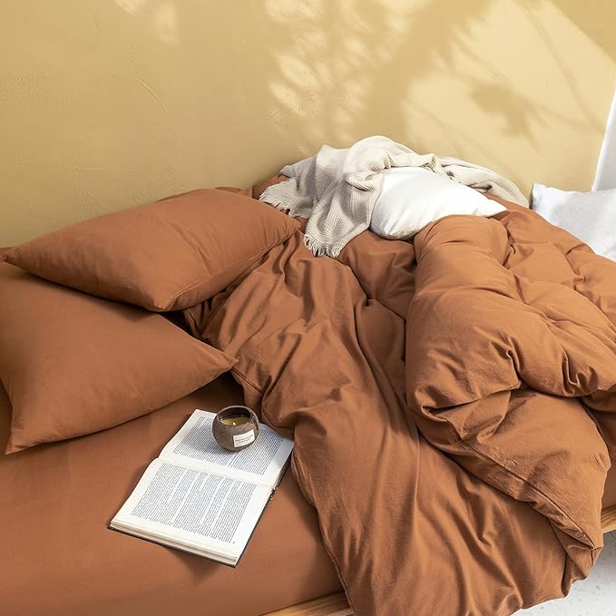 FOSSA Duvet Cover Set 100% Washed Cotton Linen Feel Super Soft Breathable Cozy Simple Style 3 Pieces Bedding Sets Solid Dark Orange Full/Double
