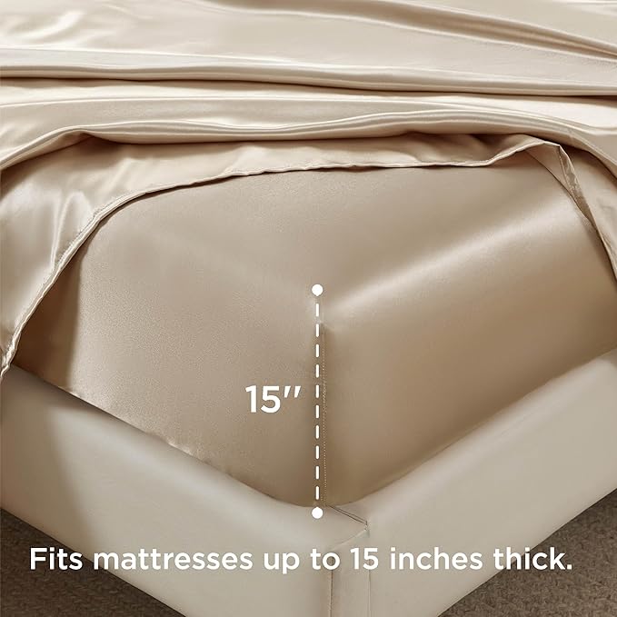 Bedsure Satin Sheets Full Size - 4 Piece Silky Bedsheets with 15 Inches Deep Pocket Fitted Bedsheet,1 Flat Sheet, 2 Satin Pillowcases, Good for Hair & Skin (Full, Khaki)