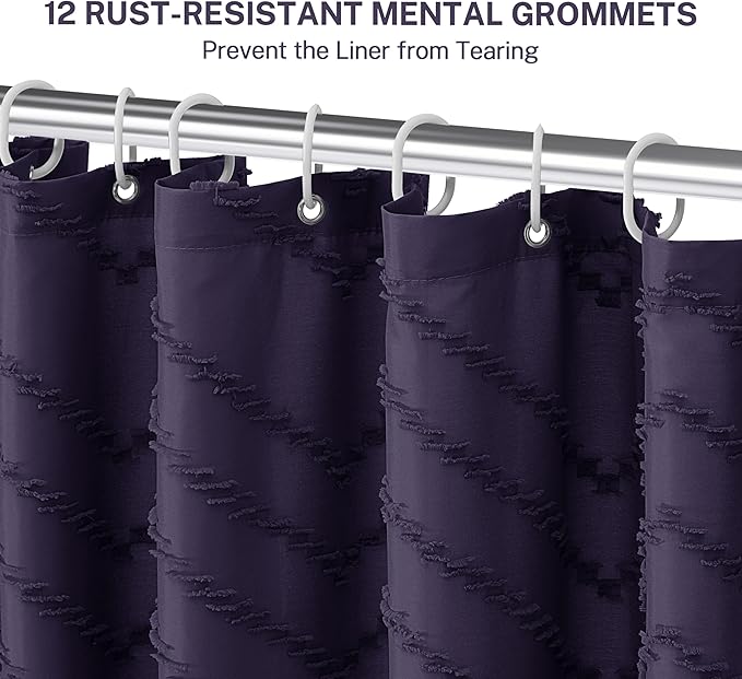 Boho Dark Purple Shower Curtain, 72 x 72 Woven Fabric Tufted Chevron Textured Striped Modern Farmhouse Minimalist for Bathroom