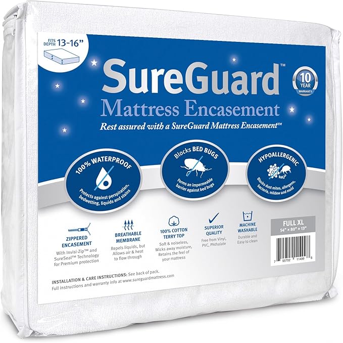 Full XL (13-16 in. Deep) SureGuard Mattress Encasement - 100% Waterproof, Bed Bug Proof, Hypoallergenic - Premium Zippered Six-Sided Cover