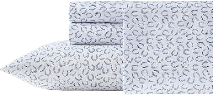 Wrangler - Twin Sheet Set, Super Soft & Cozy Bedding with Matching Sham(s), Casual Luxurious Bedding Set, Yellowstone Inspired, Oeko-Tex Certified (Horseshoe Blue, Twin)