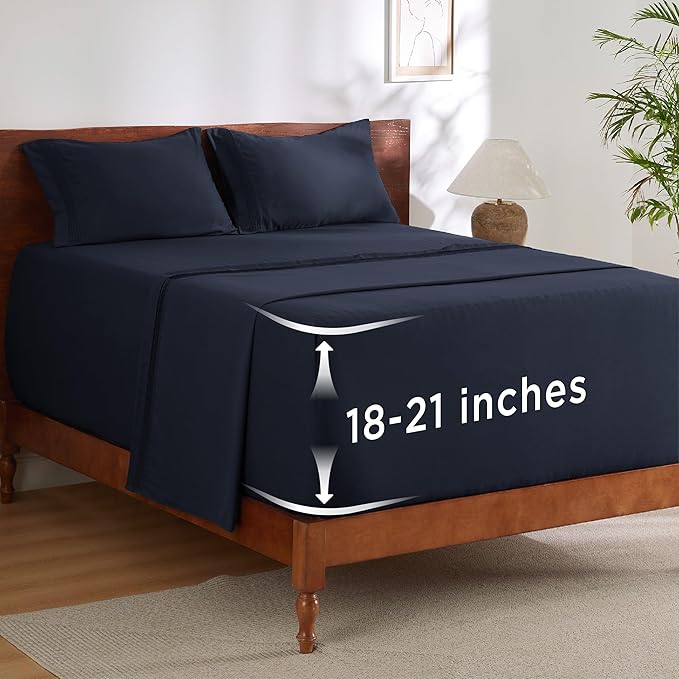 Bedsure Deep Pocket Full Size Bed Sheets Set - Fits Mattresses Up to 21 Inches Thick - 4 Piece GentleSoft Bed Sheets, Moisture Wicking, Soft & Cooling Bedsheet & Pillowcases, Easy & Secure Fit, Navy